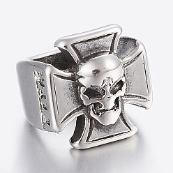 Argent Antique 304 perles en acier inoxydable, Perles avec un grand trou   , croiser avec tête de mort, argent antique, 11.5x11.5x13mm, Trou: 8.5mm