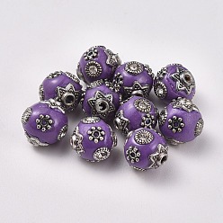 Purple Handmade Indonesia Beads, with Metal Findings and Crystal Rhinestones, Round, Antique Silver, Purple, 11x10~11mm, Hole: 1.5~2mm
