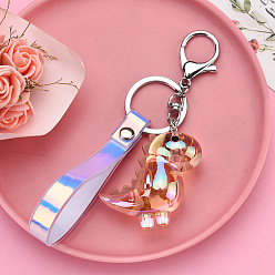 Pink Platinum Tone Plated Alloy Keychains, Iridescent Keychain, with PU Leather Straps and Acrylic Pendant, Dinosaur, Pink, 16cm