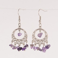 Mixed Stone Antique Silver Plated Alloy Mixed Stone Dangle Chandelier Earrings, with Brass Earring Hooks, 54mm, Pin: 0.7mm