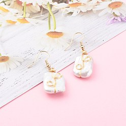 Real 18K Gold Plated Wire Wrapped Natural Baroque Pearl Keshi Pearl Dangle Earrings, with Brass Earring Hooks, Rectangle, Seashell Color, Real 18K Gold Plated, 42mm, Pin: 0.7mm