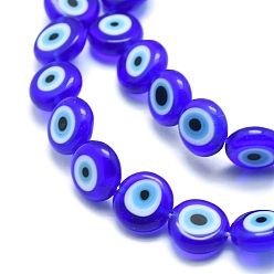Blue Handmade Evil Eye Lampwork Flat Round Bead Strands, Blue, 10x4mm, Hole: 1mm, about 38pcs/strand, 14.96 inch