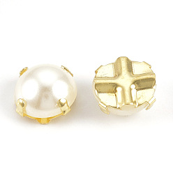 Golden ABS Plastic Imitation Pearl Shank Buttons, with Brass Findings, Half Round, Creamy White, Golden, 8x8x5mm, Hole: 1mm