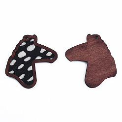 Black Eco-Friendly Cowhide Leather Big Pendants, with Dyed Wood, Horse's Head with Cow Pattern, Black, 53.5x42x3mm, Hole: 2mm