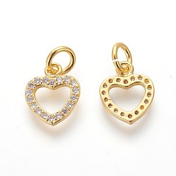 Golden Brass Micro Pave Cubic Zirconia Charms, Lead Free & Cadmium Free, Clear, Heart, Golden, 10.5x9x2mm, Hole: 3mm