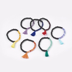 Mixed Stone Natural Mixed Stone Stretch Bracelets, with Lava Rock and Cotton Thread Tassel, 2-1/8 inch(5.5cm)