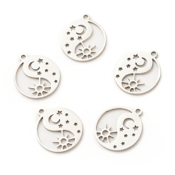 Stainless Steel Color 201 Stainless Steel Pendants, Yin Yang with Moon & Star & Sun, Stainless Steel Color, 17x14.5x1mm, Hole: 1.5mm