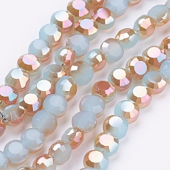 Sky Blue Electroplate Glass Beads Strands, Half Plated, Faceted, Flat Round, Sky Blue, 4x3mm, Hole: 1mm, about 80pcs/strand, 12 inch