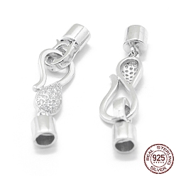 Platinum Rhodium Plated 925 Sterling Silver Fold Over Clasps, with Cubic Zirconia, with 925 Stamp, Clear, Platinum, 35mm, Cord End: 7x5mm, Clasp: 12.5x6.5x5mm, Inner Diameter: 3mm and 3.5mm