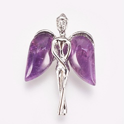Amethyst Natural Amethyst Pendants, with Brass Findings, Angel, Platinum, 34x23x8mm, Hole: 3x5mm