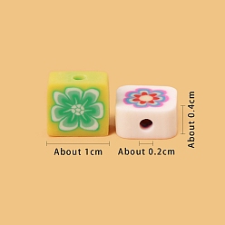 Mixed Color Handmade Polymer Clay Beads, for DIY Jewelry Crafts Supplies, Square with Flower, Mixed Color, 10x10x4mm, Hole: 2mm
