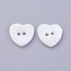 Floral White 2-Hole Shell Buttons, Undyed, Heart, Floral White, 12x12x2mm, Hole: 1.4mm