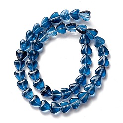 Prussian Blue Transparent Glass Beads Strand, Heart, Prussian Blue, 7.5~8.5x8~8.5x4~4.5mm, Hole: 1mm, about 44~45pcs/strand, 12.56~12.87 inch(31.9~32.7cm)