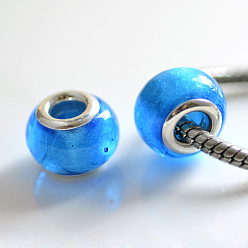 Deep Sky Blue Handmade Silver Foil Glass European Beads, with Silver Color Plated Brass Cores, Rondelle, Deep Sky Blue, 14x10mm, Hole: 5mm