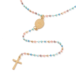Pale Turquoise 304 Stainless Steel Pendant Necklaces, with Glass Seed Beads and Lobster Claw Clasps, Cross & Saint Benedict Medal/Saint Benedict, Golden, Pale Turquoise, 18 inch(45.7cm)