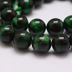 Dark Green Natural Tiger Eye Bead Strands, Round, Dyed & Heated, Dark Green, 8mm, Hole: 1.2mm, about 49pcs/strand, 14.9 inch~15.5 inch