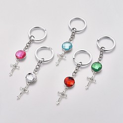 Mixed Color Acrylic Rhinestone Keychain, with Tibetan Style Crucifix Pendants and Alloy Findings, Mixed Color, 120mm