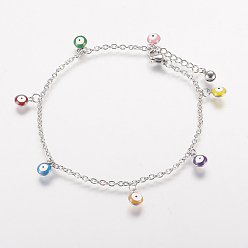 Colorful 304 Stainless Steel Charm Anklets, with Enamel Charms, Evil Eye, Platinum, Colorful, 10-3/8 inch(263mm), 2mm