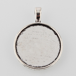 Antique Silver Tibetan Style Alloy Flat Round Pendant Cabochon Settings, Cadmium Free & Lead Free, Plain Edge Bezel Cups, Antique Silver, Tray: 25mm, 37x28x2mm, Hole: 3.5x6mm, about 232pcs/1000g