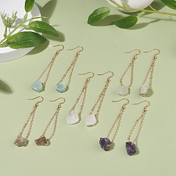 Mixed Stone Irregular Raw Natural Gemstone Dangle Earrings, Golden Brass Long Chain Drop Earrings for Women, 70mm, Pin: 0.6mm