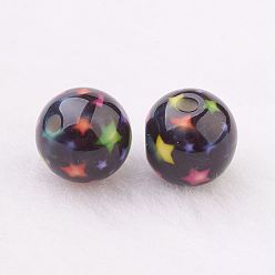 Black Spray Painted Resin Beads, with Star Pattern, Round, Black, 10mm, Hole: 2mm
