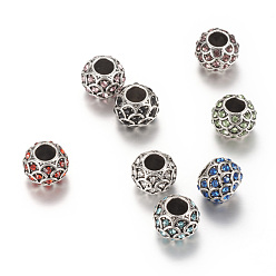Mixed Color Alloy Rhinestone European Beads, Large Hole Beads, Rondelle, Antique Silver, Mixed Color, 10~11x8.5mm, Hole: 4.5mm