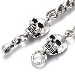 Antique Silver Men's Alloy Wheat Chain Bracelets, Skull, Antique Silver, 8-7/8 inch(22.5cm)