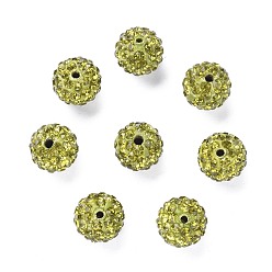 Olivine Perles de boule pave disco , Perles de strass d'argile polymère , ronde, olivine, pp 13 (1.9~2 mm), 6 rangées de strass, 10 mm, Trou: 1.5mm
