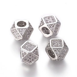 Real Platinum Plated Brass Micro Pave Cubic Zirconia Beads, Polygon, Clear, Real Platinum Plated, 6.5~7x6.5~7x6.5~7mm, Hole: 3mm, Diagonal Length: 9mm