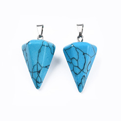 Synthetic Turquoise Cone/Spike/Pendulum Dyed Synthetical Blue Turquoise Stone Pendants, with Platinum Plated Iron Findings, 25~27x14x14mm, Hole: 6x3mm