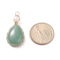 Green Aventurine Natural Green Aventurine Copper Wire Wrapped Pendants, with Grade A Natural Cultured Freshwater Pearl, Real 18K Gold Plated, Teardrop, 38~43x19~19.5x8~8.5mm, Hole: 3.5~3.8mm