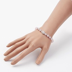 Rose Quartz Natural Rose Quartz Stretch Bracelets, with Brass Micro Pave Cubic Zirconia Beads, Heart, 2 inch(52mm)