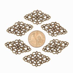 Antique Bronze Tibetan Style Alloy Rhombus Filigree Joiners Links, Cadmium Free & Nickel Free & Lead Free, Antique Bronze, 42x25x1mm, Hole: 2mm