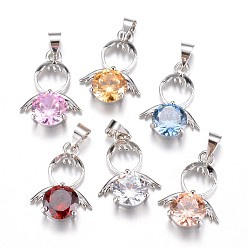 Mixed Color Brass Cubic Zirconia Pendant, Angel, Platinum, Mixed Color, 20x14x5mm, Hole: 4x5mm