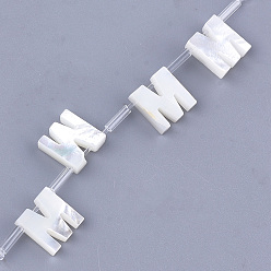 Letter M Natural Sea Shell Beads, White Shell Mother of Pearl Shell, Top Drilled Beads, Letter.M, 10x2.5~11.5x3mm, Hole: 0.8mm
