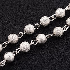 Silver Brass Textured Beads Handmade Chains, Unwelded, Silver Color Plated, 39.3 inch