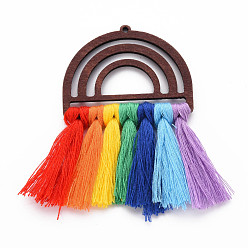 Colorful Polycotton(Polyester Cotton) Tassel Big Pendants, Unfinished Wood Semi Circle Earrings, for DIY Rainbow Macrame Earrings, Colorful, 76x50x5mm, Hole: 2mm