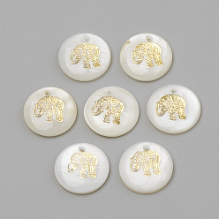 Golden Freshwater Shell Pendants, Flat Round & Elephant, Golden, 16x3.5~4mm, Hole: 1.2mm