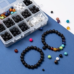 Antique Silver DIY Chakra Stretch Bracelet Making Kits, with Elastic Crystal Thread, Round Lava Rock Gemstone & Glass Beads, Alloy Pendants & Beads, Antique Silver