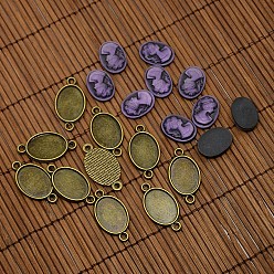 Antique Bronze Nickel Free Antique Bronze Alloy Cabochon Connector Settings and 13x18mm Purple Resin Cameo Lady Head Portrait Cabochons Sets, Settings: 28x15x1.8mm, Tray: 13x18mm, Hole: 2mm