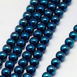 Plaqué Bleu Galvanoplastie non magnétiques hématite synthétique brins de perles, ronde, Grade a, bleu plaqué, 8mm, Trou: 1.5mm, Environ 50 pcs/chapelet, 16 pouce