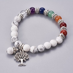 Mixed Stone Chakra Jewelry, Natural/Synthetic Mixed Stone Bracelets, with Metal Tree Pendants, 50mm