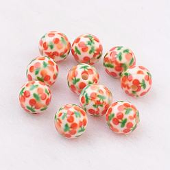 Orange Spray Painted Resin Beads, with Cherry Pattern, Round, Orange, 10mm, Hole: 2mm