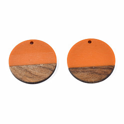 Dark Orange Resin & Wood Pendants, Flat Round, Dark Orange, 28.5x3.5~4mm, Hole: 1.5mm