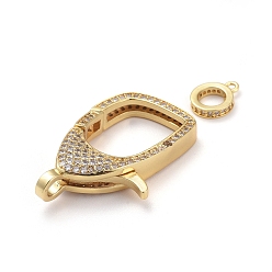 Golden Brass Micro Pave Cubic Zirconia Lobster Claw Clasps, with Bail Beads/Tube Bails, Clear, Golden, Clasp: 31x21x7mm, Hole: 3mm, Tube Bails: 10x8x2mm, Hole: 1mm