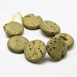 Golden Plated Electroplated Natural Druzy Geode Crystal Beads Strands, Flat Round, Dyed, Golden Plated, 30x7~8mm, Hole: 2mm, about 7pcs/strand, 8.26 inch(21cm)