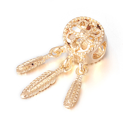Golden Alloy European Beads, Large Hole Beads, with CCB Plastic Feather Charms, Woven Net/Web with Feather, Golden, 27.5x10.5x9mm, Hole: 5mm, Charm: 15x3.5x1.5mm