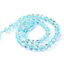 Light Sky Blue Synthetic Moonstone Beads Strands, Holographic Beads, Dyed, Round, Light Sky Blue, 6mm, Hole: 1mm, about 60~62pcs/strand, 14~15 inch