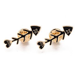 Black Alloy Enamel Brooches, Enamel Pin, with Brass Butterfly Clutches, Fish Bone, Light Gold, Cadmium Free & Nickel Free & Lead Free, Black, 32x10x2mm, Pin: 1mm