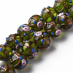 Green Handmade Gold Sand Lampwork Beads Strands, Round with Flower, Green, 13~15x11~13mm, Hole: 1.6mm, about 45pcs/strand, 20.47 inch~21.06 inch(52cm~53.5cm)